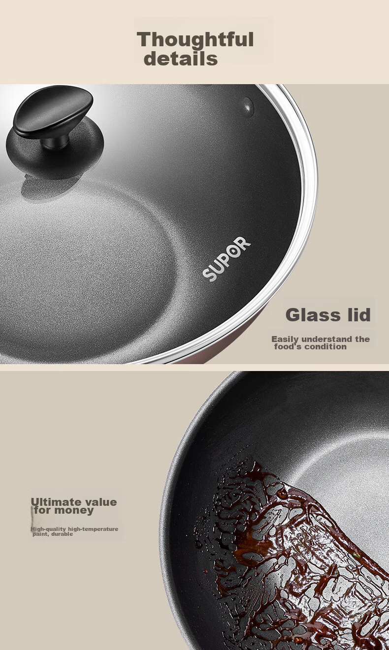 SUPOR Non-Stick Wok, Flat-Bottom Frying Pan for Stir-Frying And Steak Cooking, Low Smoke, 28cm, Gas Stove Specific, EC28JYJ02-N 22