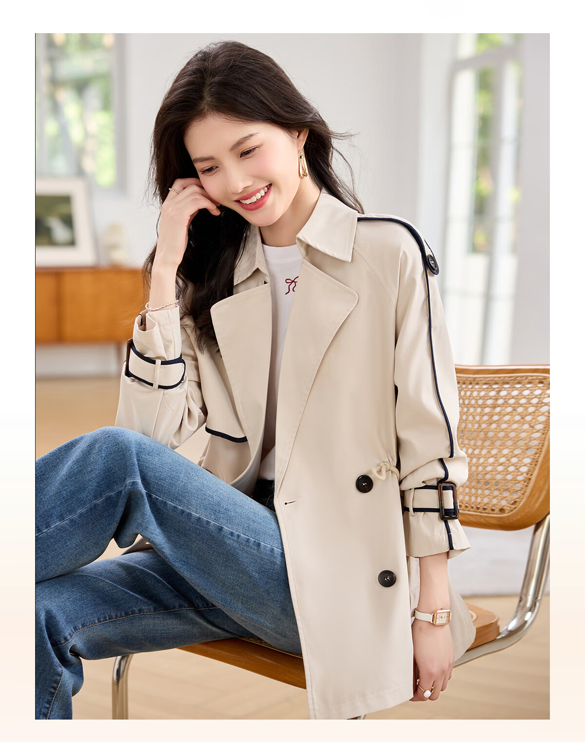Taxiang Drawstring Waist Trench Coat for Women, Spring And Autumn Casual Commuter Short Jacket, High-End Outer Cardigan T51D033 3
