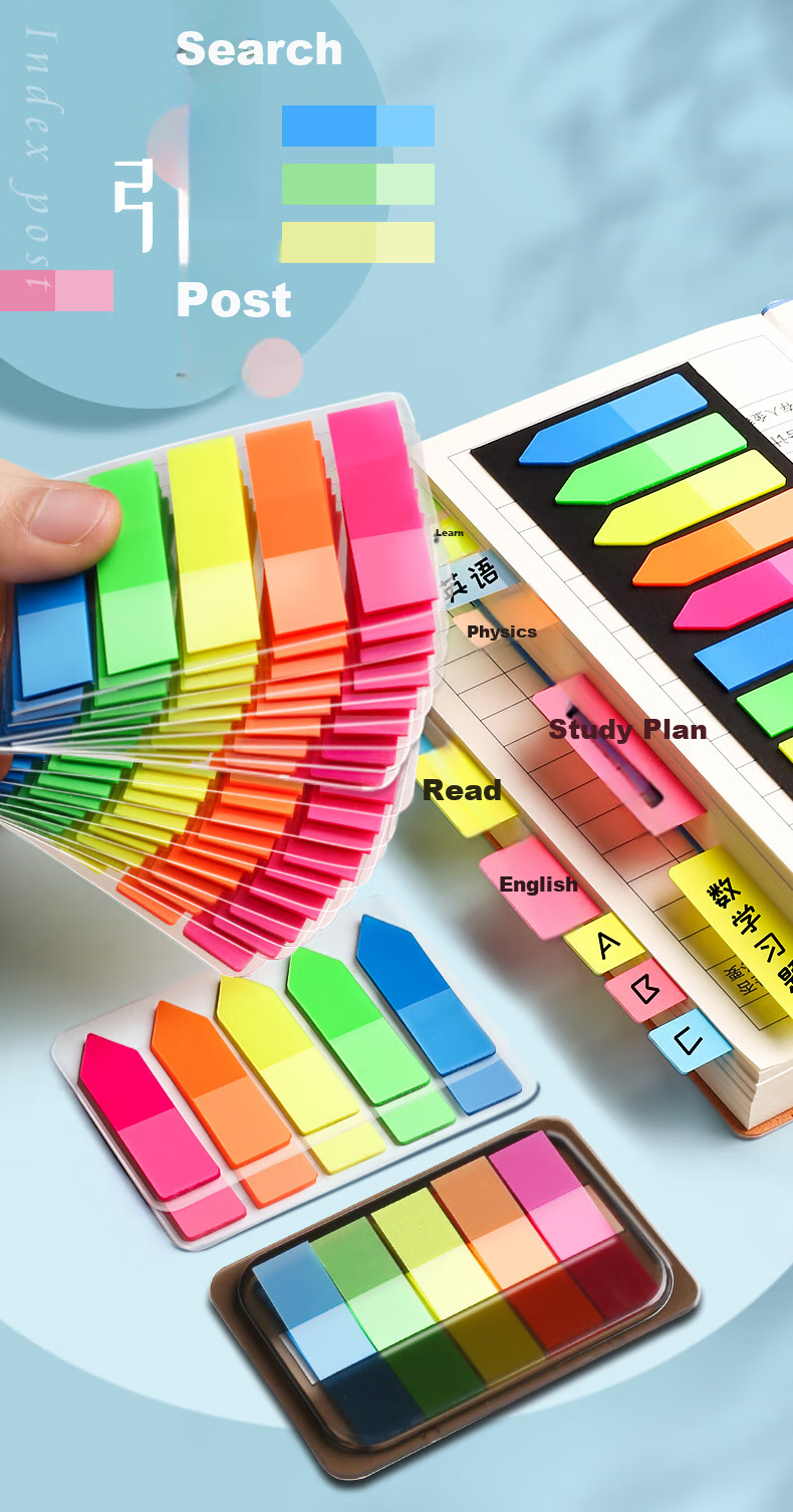 Jinzhi 600 Sheets Arrow-Shaped 5-Color Fluorescent Film Sticky Notes, Memo Pads, Labels, Transparent Waterproof Colored Note Index Strips, Indicator Labels, Bookmarks, 45*12mm 1