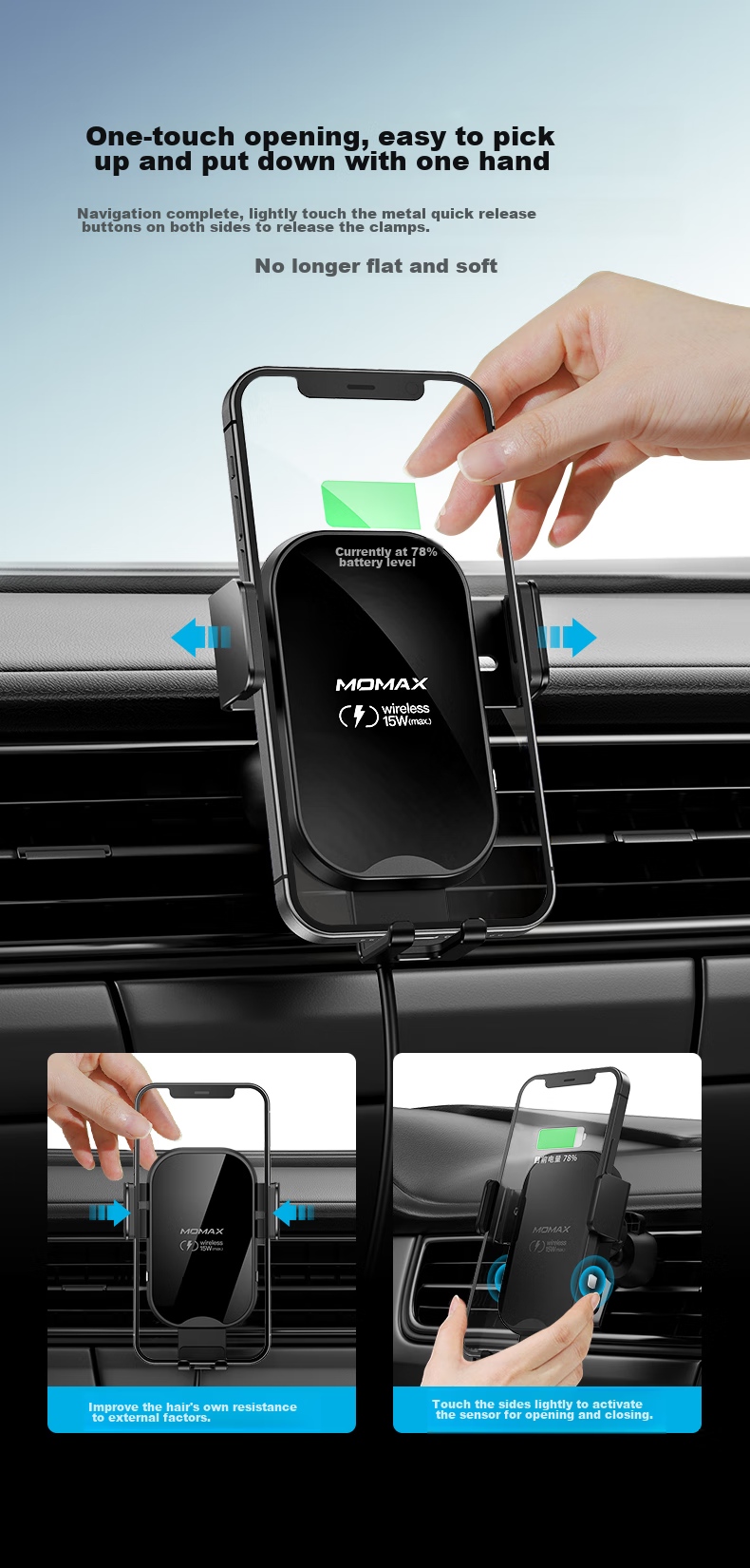 MOMAX Car Phone Holder, 15W Wireless Fast Charging Car Phone Mount, Magnetic Air Vent Navigation Stand 12