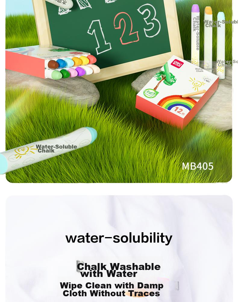 Deli Colored Water-Soluble Chalk, Washable, Dust-Free, Safe for Children's Drawing Board, Blackboard, Specialized for Bulletin Boards, Vibrant Colors, for Teachers, Kindergarten, Home Use, Teaching, Doodling And Drawing, 12 Pieces/box 2