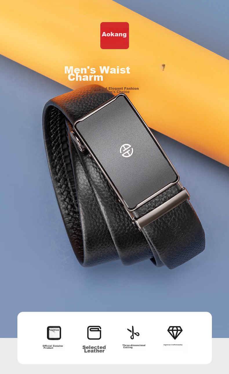 Aokang Men's Belt, Top-Grain Leather, Automatic Buckle, Business Trouser Belt, Birthday Gift for Husband 2