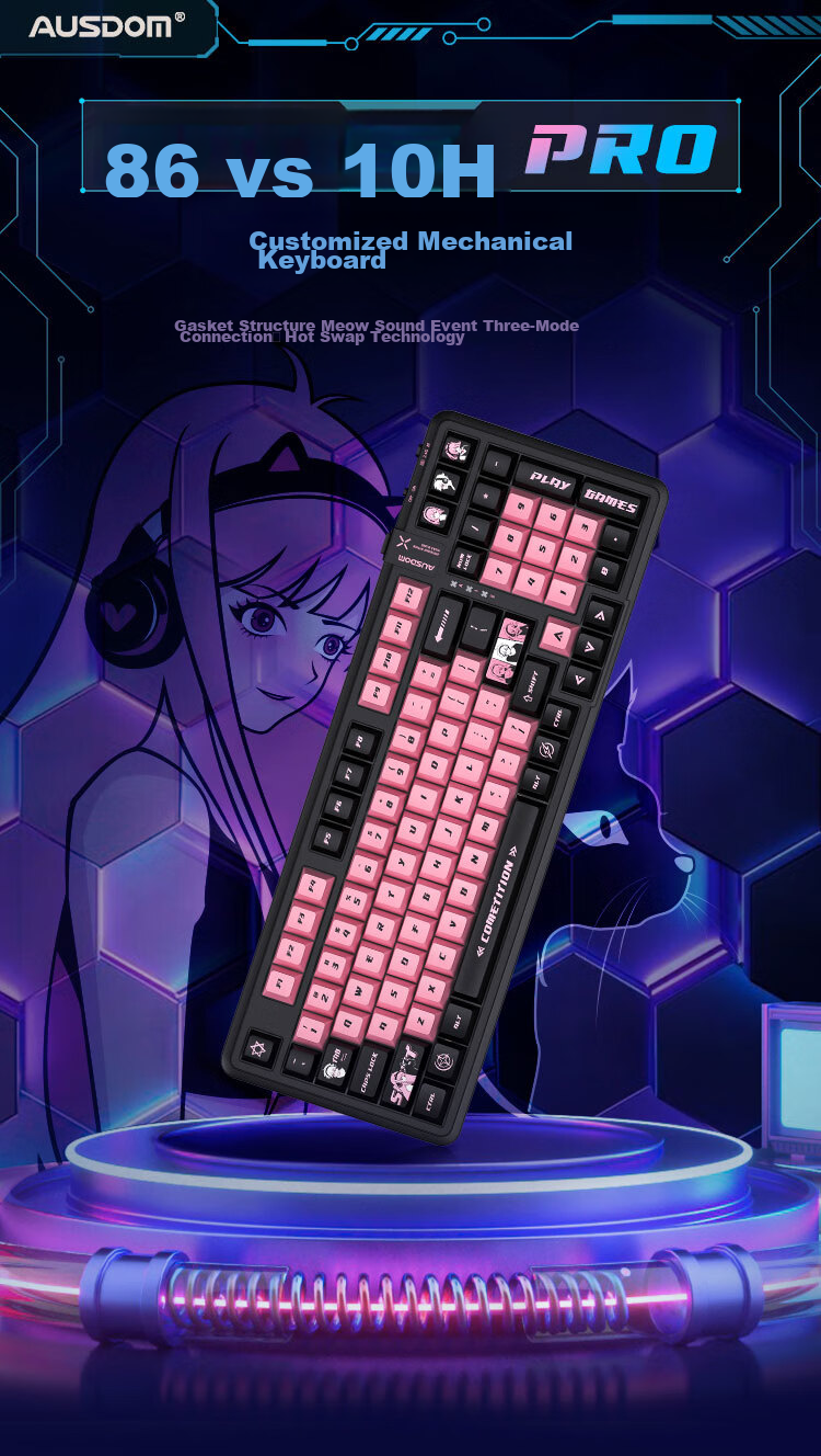 AUSDOM 98Pro Five-Sided Hot Melt Mechanical Keyboard, Gaming E-Sports Three-Mode Bluetooth Wireless Office Customizable Full-Key Anti-Ghosting High-Aesthetic Gift Keyboard 98 Keys - Meow Sound Party 1