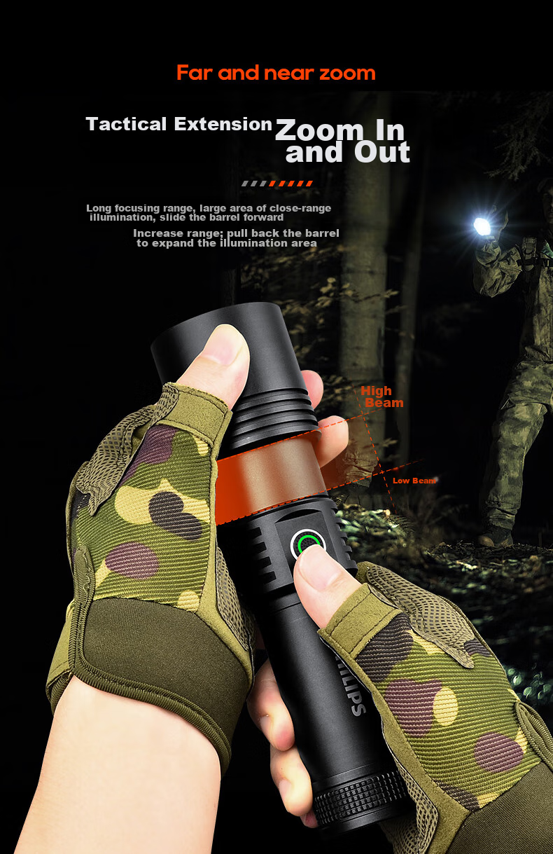 PHILIPS Flashlight, High Brightness, Long Battery Life, Home Use, 200000 Lumens, Sky Piercing, Military Grade, Outdoor Lighting, Emergency Light 9