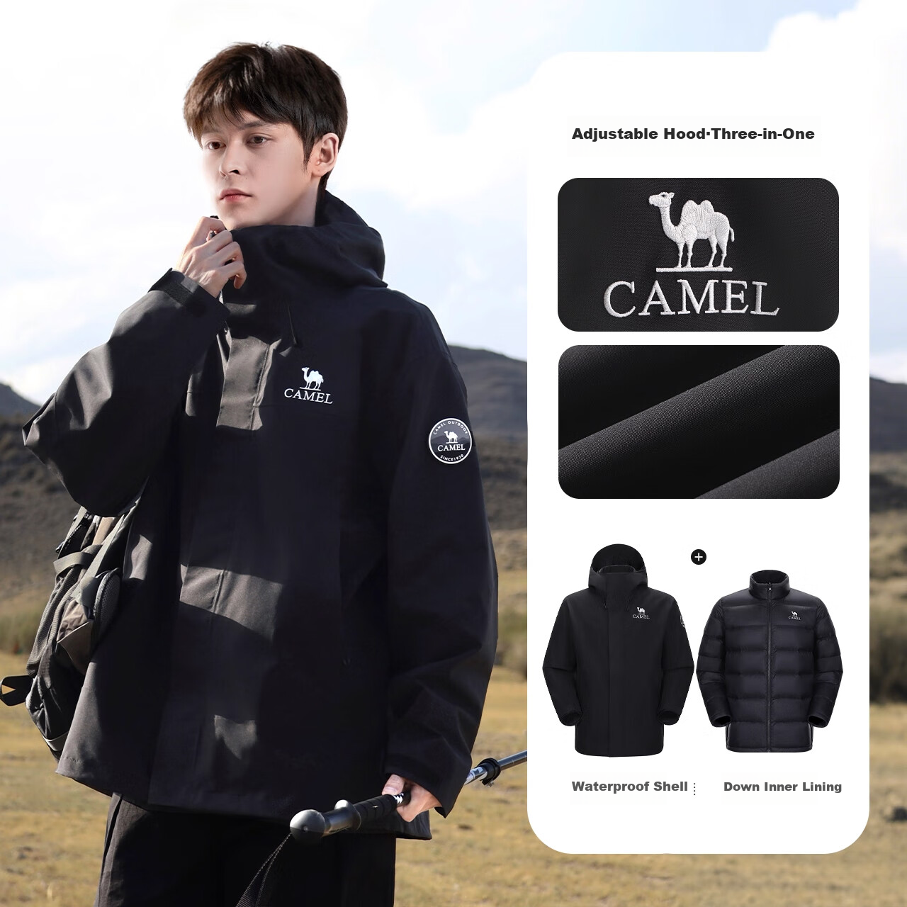 CAMEL Outdoor down Jacket for Men, Three-In 2025 New Model, Water-Repellent down Inner Liner, Windproof And Waterproof Coat B189