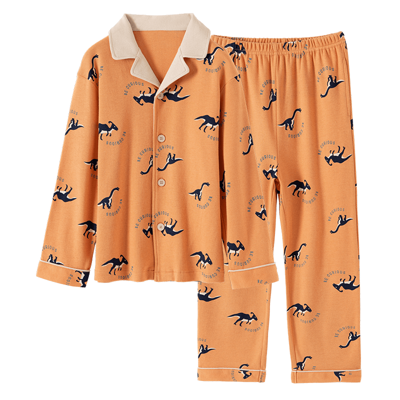 Dingguagua Children's Pajama Set, Pure Cotton Spring And Autumn Long-Sleeve Boys' Loungewear, All-Cotton Open-Front Mid to Big Kids' Boys' Wear, Orange, Size 130
