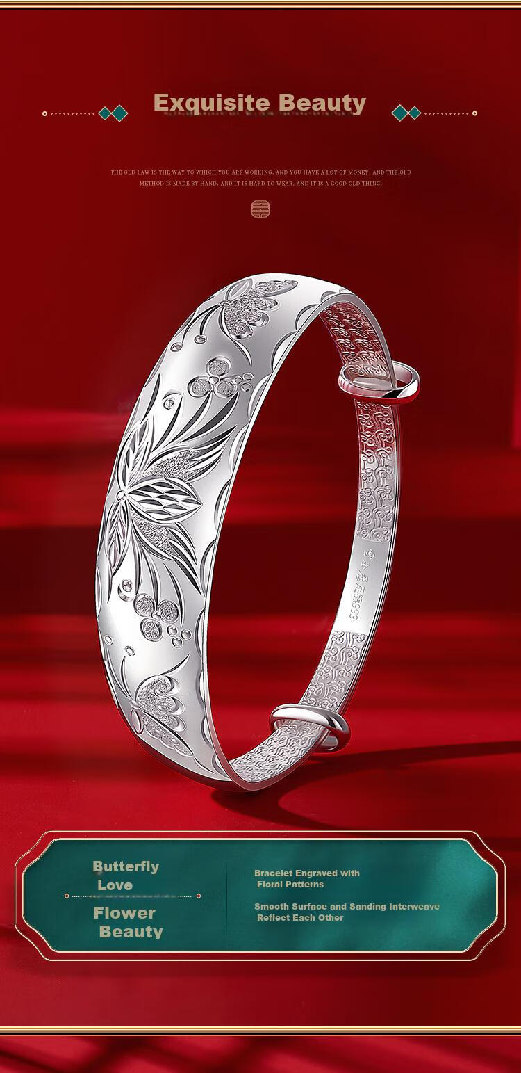 Yunjinli Silver Bracelet for Mom 999 Pure Silver Wide Ethnic Style Embroidered Splendid Years Push-Pull Silver Bangle Birthday Gift for Elders 9