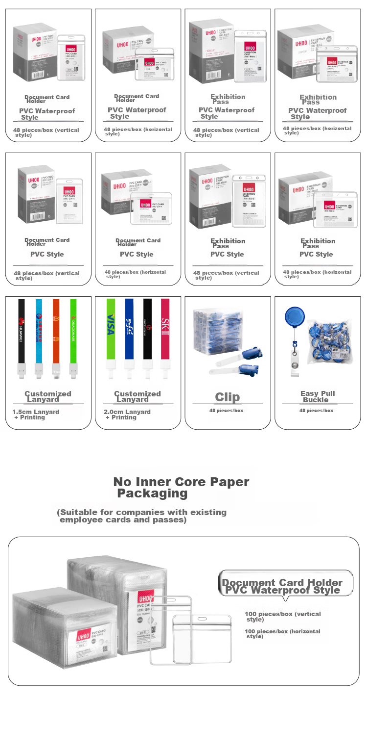 UHOO PVC Exhibition Badge, Vertical Transparent ID Holder, Work Card Sleeve, Badge, Tag, Lanyard, Name Tag, Card Holder, Chest Card, Access Pass, Student ID Card, Meal Card, Work Card 6658 12