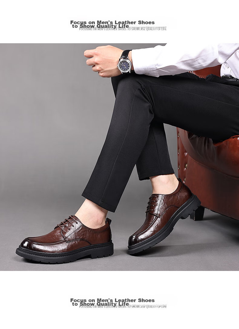 Zhengtai British Business Leather Shoes for Men, Breathable Hand-Grain Soft Leather Men's Shoes, Thick-Soled Casual Men's Leather Shoes JZ0017 Black Size 38 15