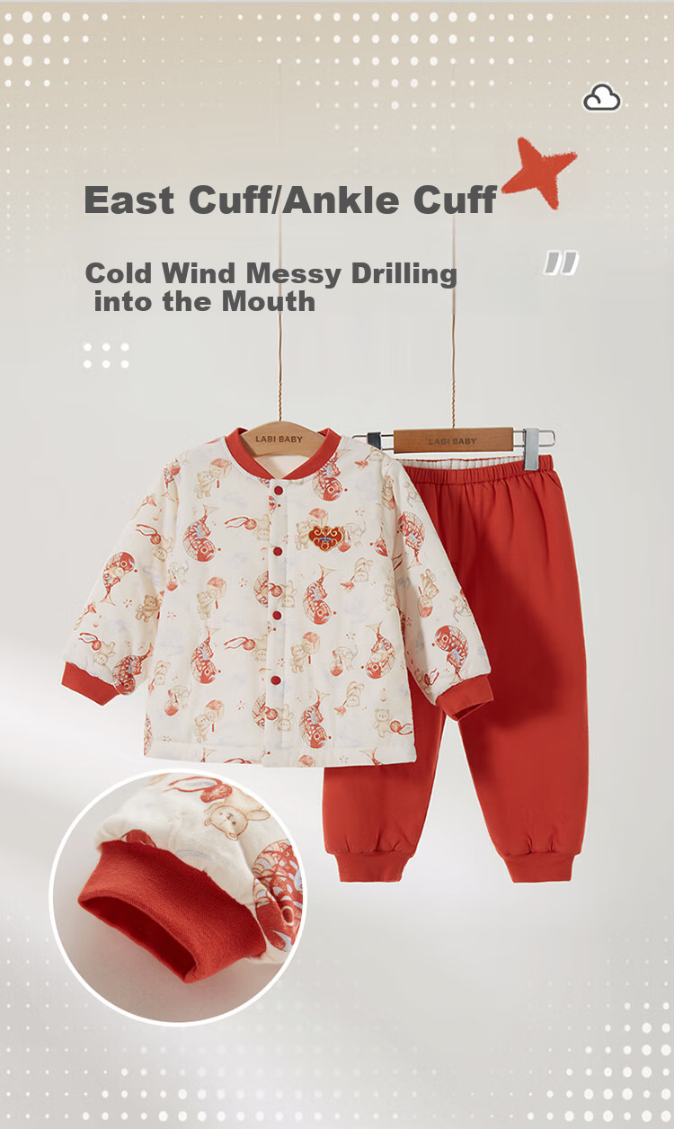 Labi Baby Children's Home Wear Set, 80g Cotton Padded, Chinese Style Autumn And Winter, Red Festive, Warm Thickened Set, Orange Red, Size 66 9