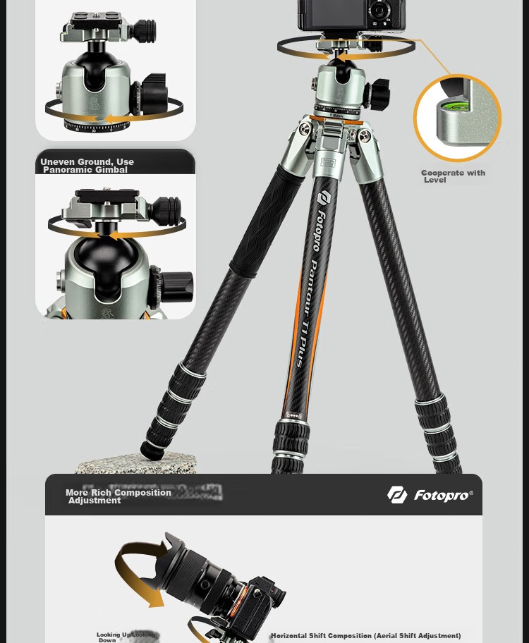 Fotopro T1 Plus Bowl Base Model, 10-Layer Carbon Fiber, Multi-Expand Holes, Dual Panoramic Ball Head, All-Terrain Master-Level Photography And Videography Professional Camera Mirrorless Tripod 19