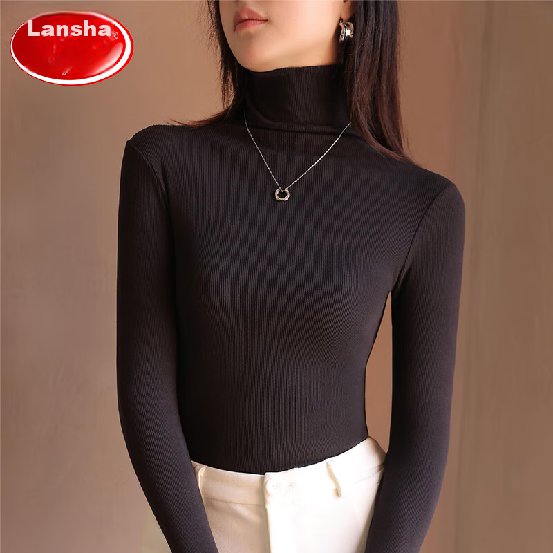 LangSha, De Rong Base Shirt, Ruched Turtleneck, Striped Inner Layer, Long-Sleeve Solid Color Autumn Shirt, Slim-Fit High-Elastic Base Underwear for Wome