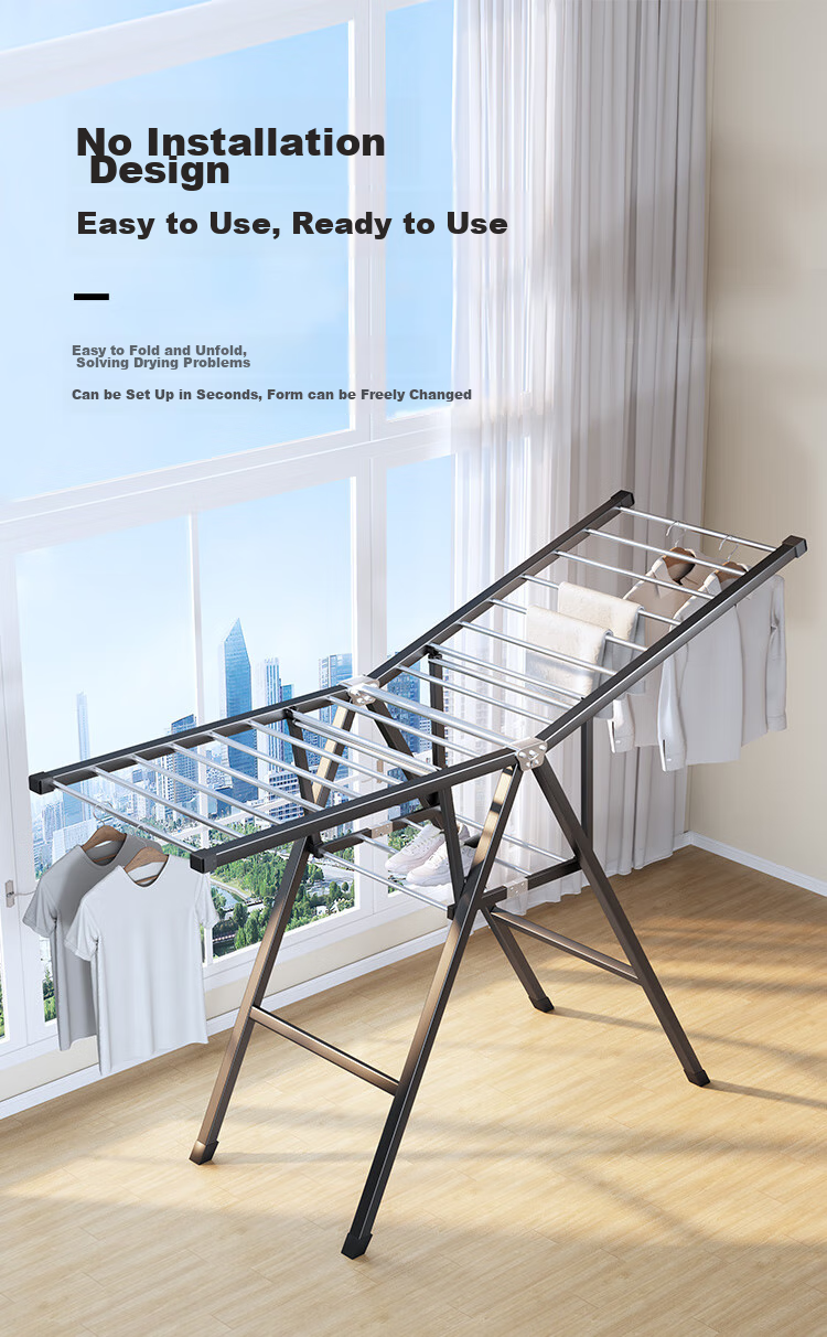 QIAONAMEI Clothes Drying Rack, Floor-Standing Foldable Hanger, Indoor Drying Pole, Balcony Quilt Drying Tool, Clothes Rack 4147BK 1