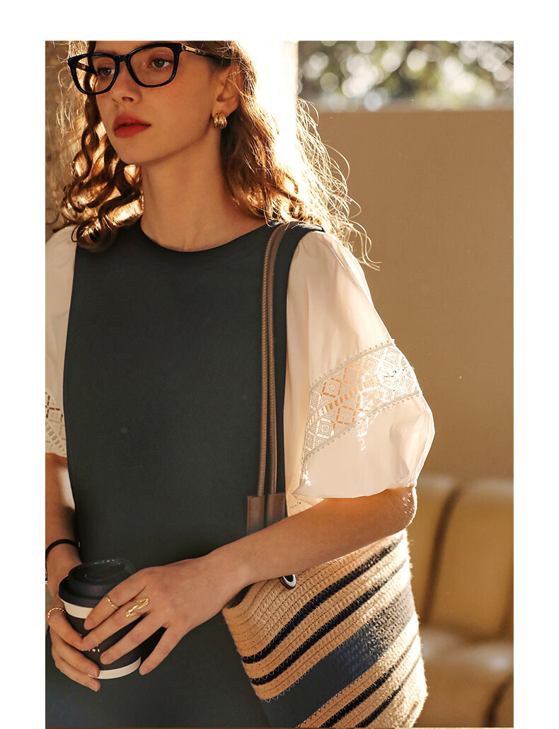 Olrain French Lace Hollow Out Puff Sleeve Splice Dress Women Summer Elegant Straight Dress Black and White M 21
