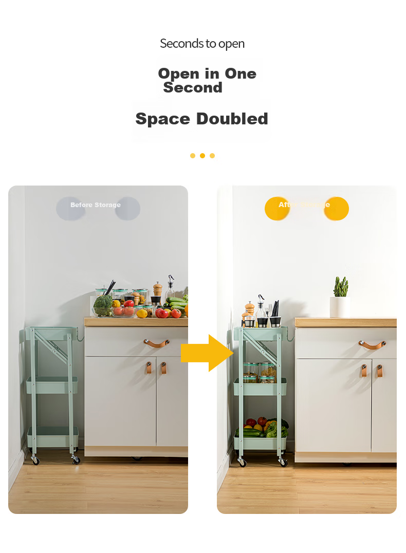 COOKER KING Three-Tier Storage Rack, Foldable Organizer Cart without Installation, Multifunctional Shelf Unit, Floor-Standing Storage Rack, Light Gree 2