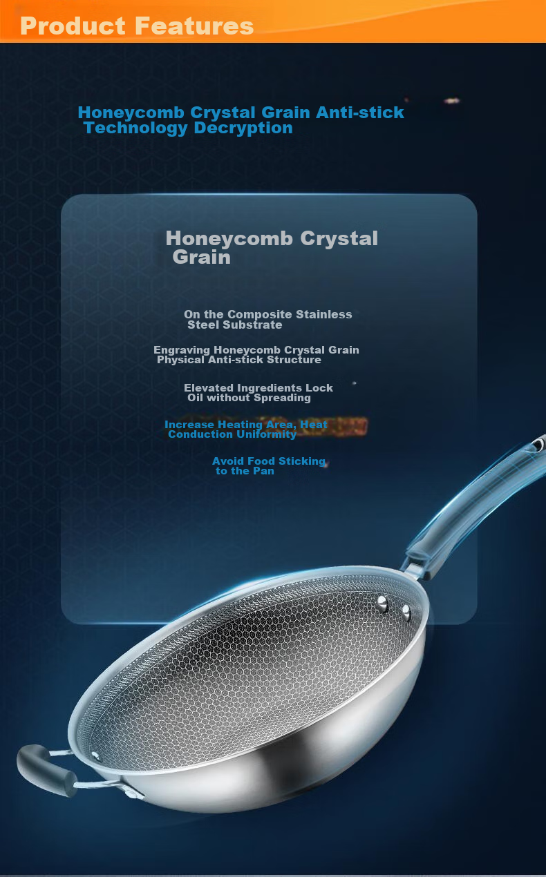 SUPOR Stainless Steel Wok Compatible with Induction And Gas Stoves, Crystal Diamond Honeycomb Frying Pan for Home Use CC30JA9 2