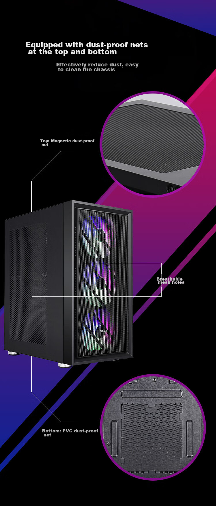 SAMA Zhuqueair Desktop Computer Case, Front Iron Mesh/Double-Sided Cooling Holes/6 Fan Positions/Wide Hardware Support/ATX Motherboard 240mm Water Cooling Vertical GPU Installatio 13
