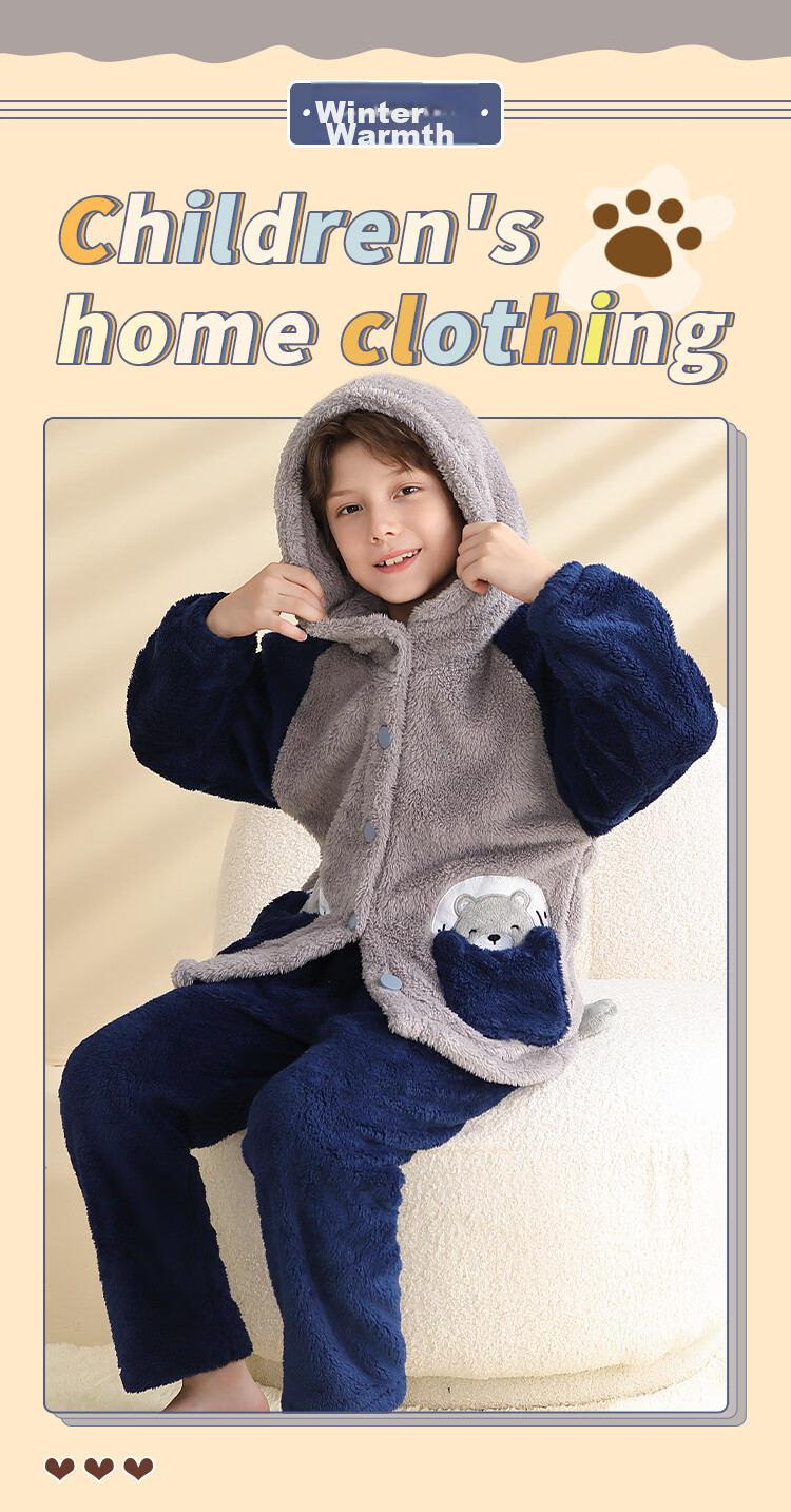 LangSha [Long Plush] Children's Pajamas, Boys' Home Wear Set, Autumn And Winter Style, Thickened Warm Baby Home Wear Set 1
