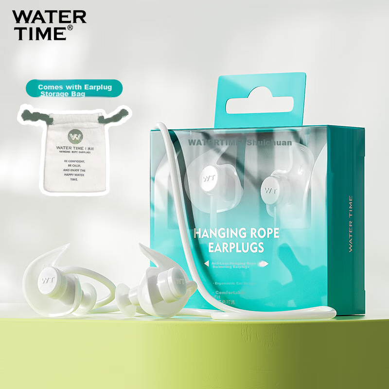 WATERTIME Swimming Earplugs, Neck Strap, Anti-Loss, Waterproof, Otitis Media Prevention, Adult, Water-Resistant, Shower Earplugs, Glacier White