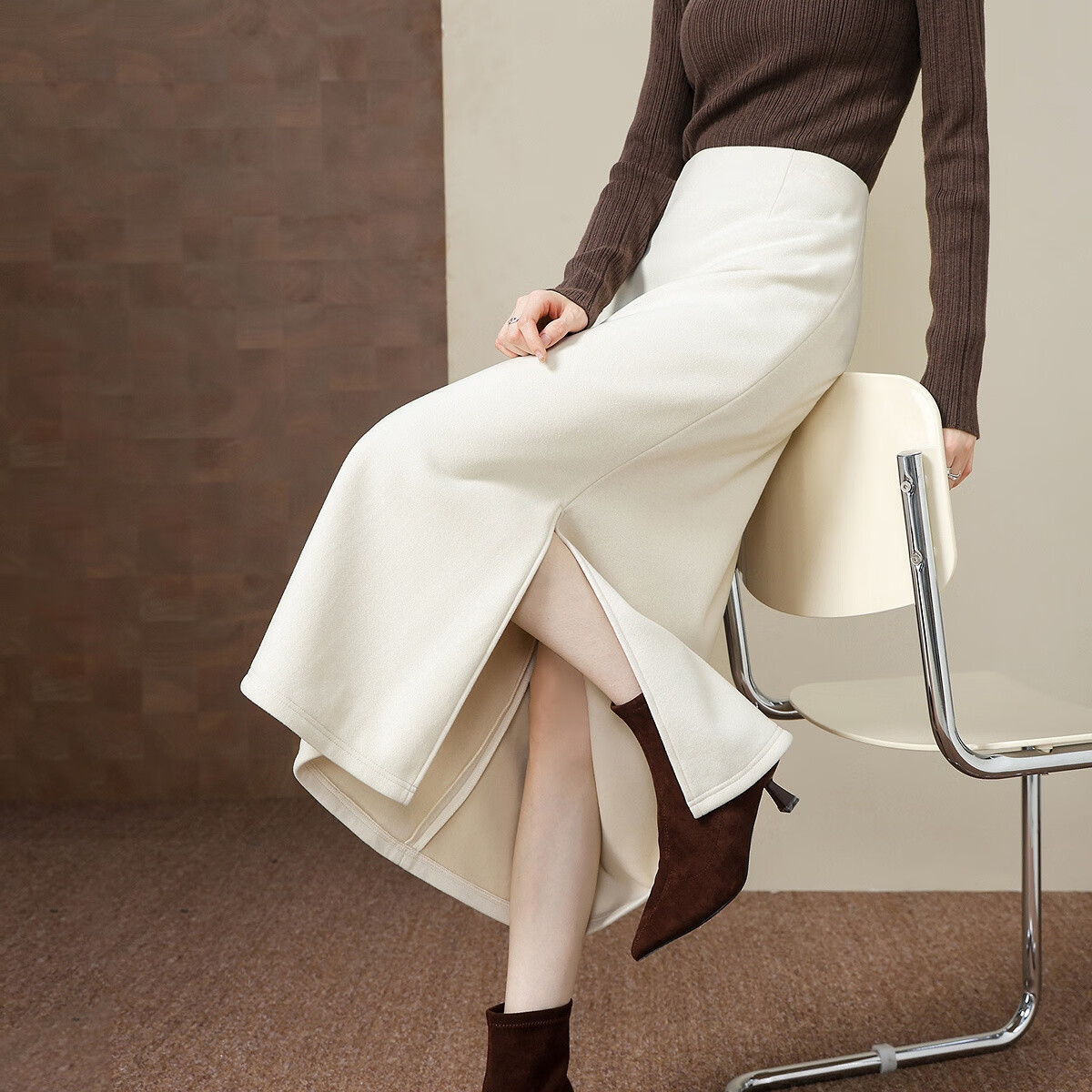 Demana Amber Glow Winter Commuter Elegant Wool Blend Side Slit X-Shaped Mermaid Women's Skirt