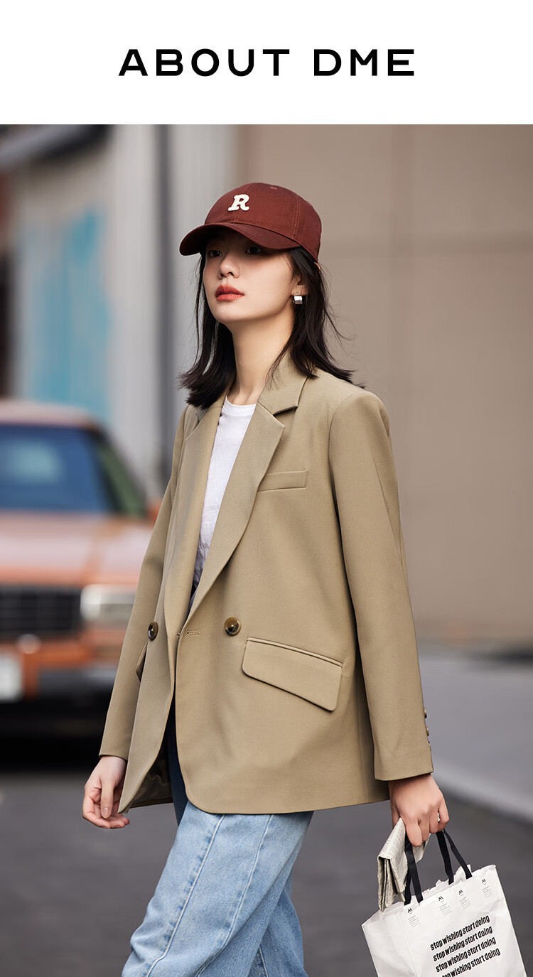 Dme [Turn-Down Collar Blazer] Spring Top, Curved Hem, Loose Suit Jacket for Women, Khaki, Size S 1