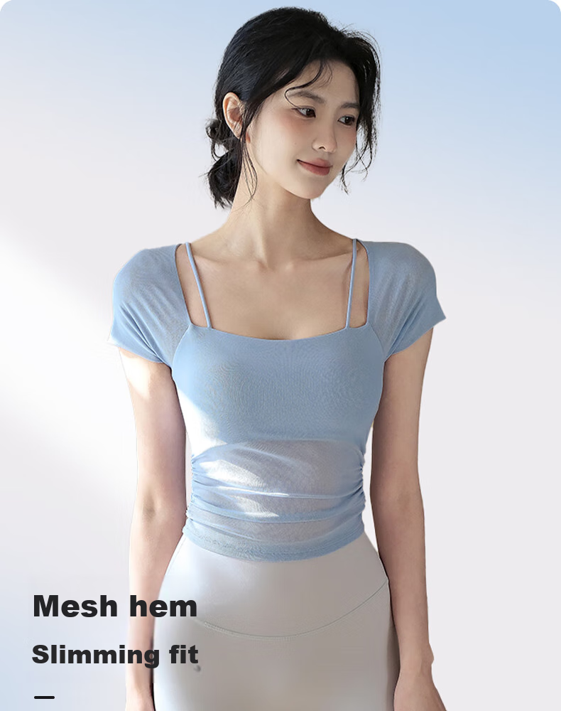 XUEXIMAN Faux Two-Piece Yoga Top for Women, Summer Short Sleeve with Built-In Bra Pads, Pilates Workout Fitness Wear 1
