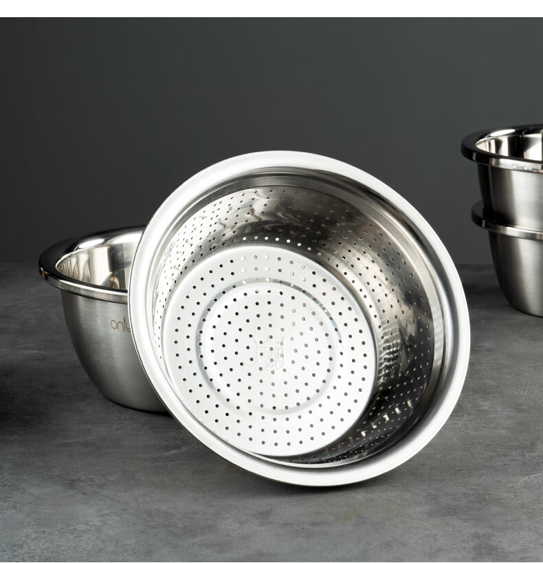 Onlycook 304 Stainless Steel Bowl And Strainer Set, Large Thick with Draining Basket, Vegetable Washing Bowl, Rice Washing Sieve And Dough Mixing Bowl, 5-Piece Set 10