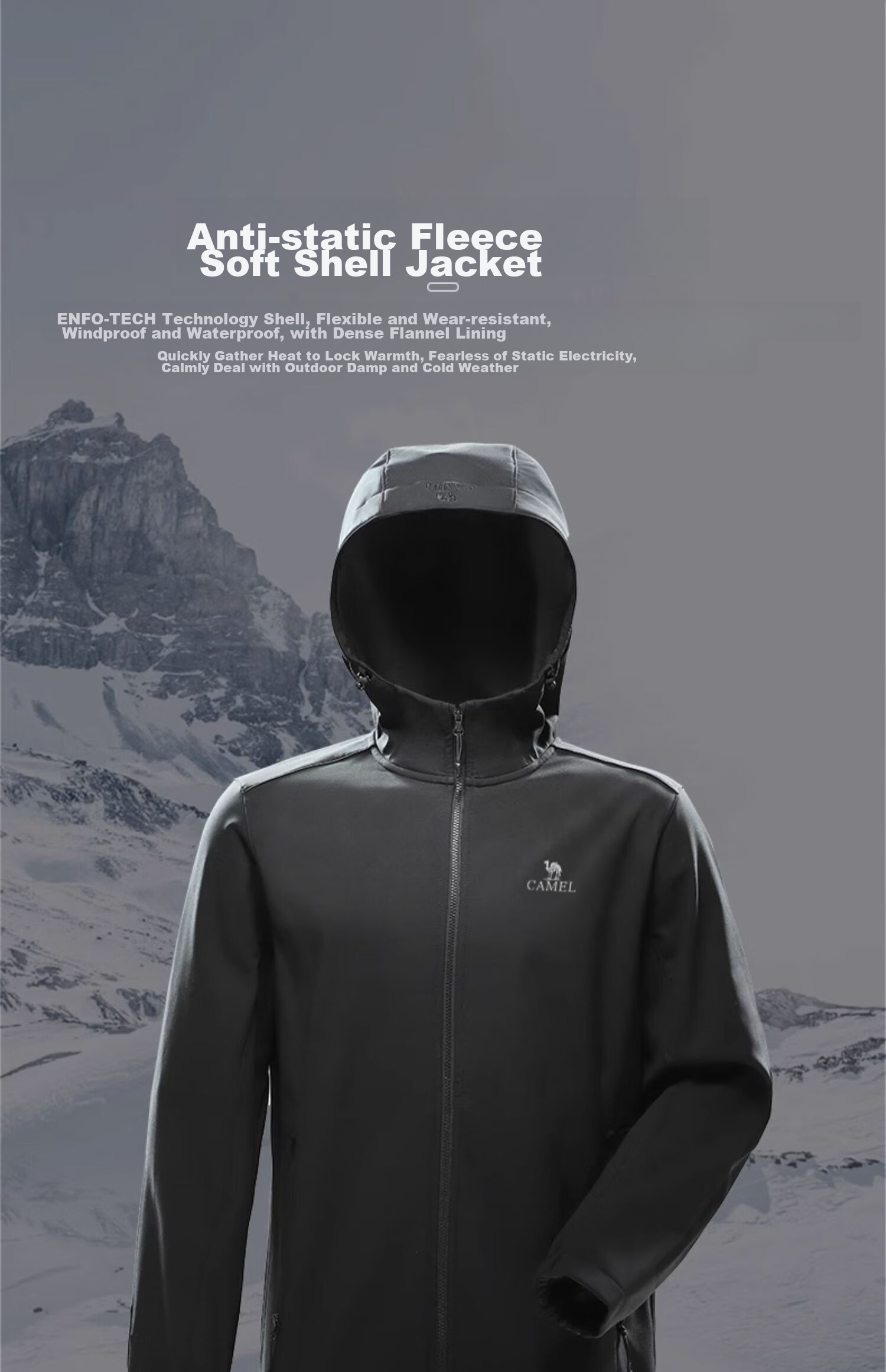 CAMEL Outdoor Soft Shell Jacket for Couples, Waterproof And Windproof, Fleece-Lined Hooded Coat, Trendy AA32263652A 5