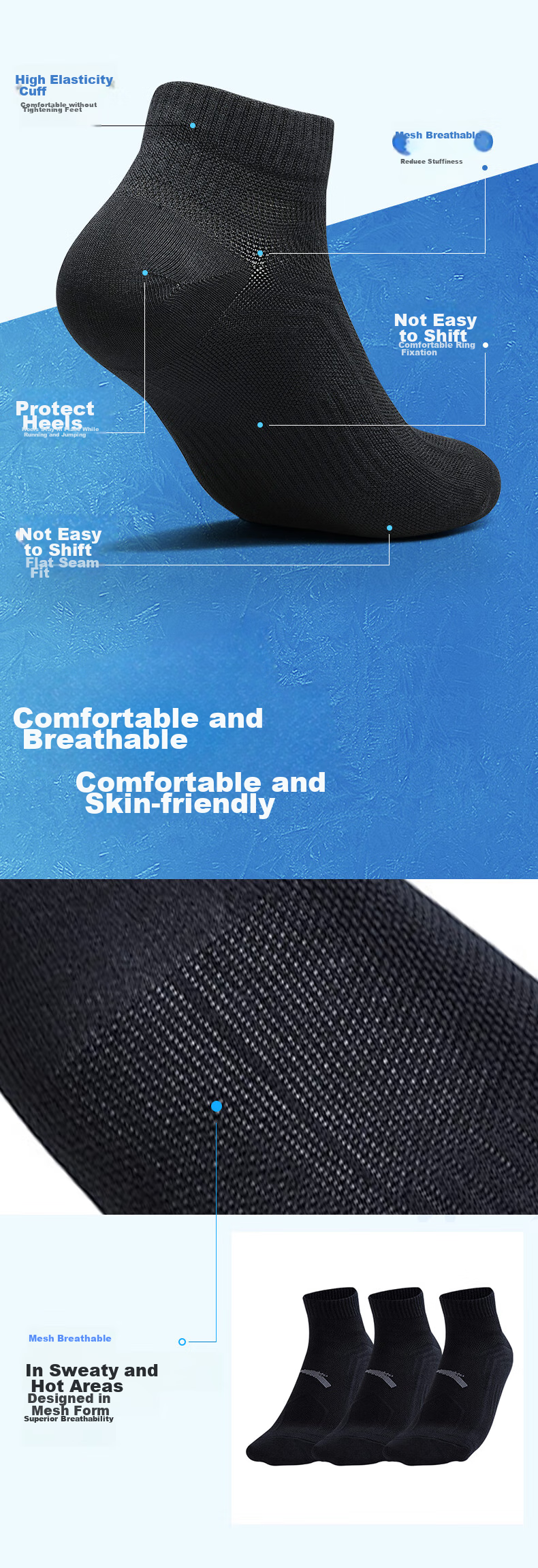 Anta Socks [3 Pairs] Sports Short Socks Comfortable Antibacterial Sweat-Absorbing Breathable Running Basketball Socks Unisex 5