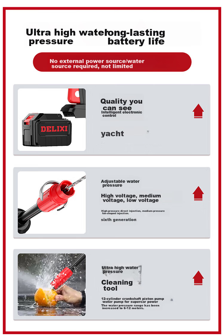DELIXI High-Pressure Car Washer, Household High-Pressure Water Gun, Rechargeable, High-Power, Wireless Lithium Battery Car Washing Water Gun, 6AH Pressure Boost 3