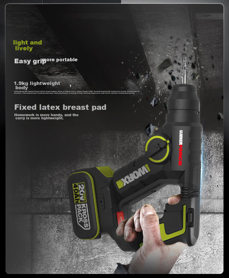 WORX 20V Brushless Lightweight Rotary Hammer Drill WU380S (4.0 Single Battery) Electric Drill, Rechargeable Dual-Use Lithium Battery Concrete Drill 6