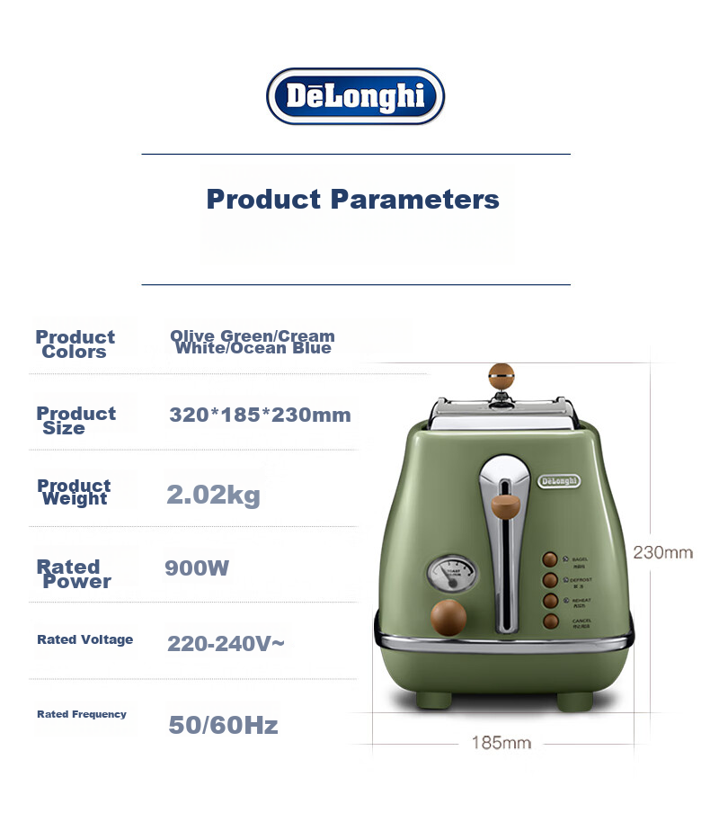 Delonghi Bread Maker, Retro Home Small Toast Maker, Bread Slicer, Heats And Defrosts Sandwiches, Breakfast Toaster, CTO2003.VGR, Olive Green, Gift 15