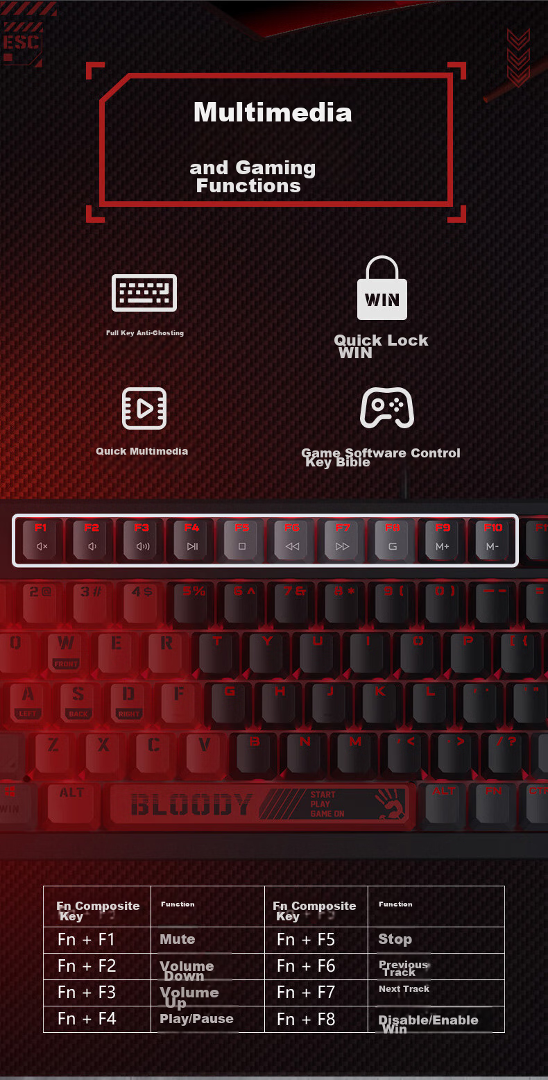 A4TECH T87 88-Key Mechanical Keyboard Wired Gaming Keyboard E-Sports Mechanical Keyboard Dedicated Optical Switches Keyboard Blood Hand Phantom Optical Switches Blood Red Wired 15