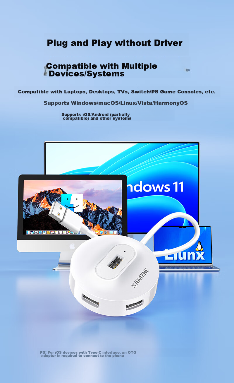 SAMZHE USB2.0 Hub with 4 Ports, Expansion Dock, Laptop And Desktop Computer Multi-Port Adapter with Power Supply Port, 1 Meter White HB21-2 12