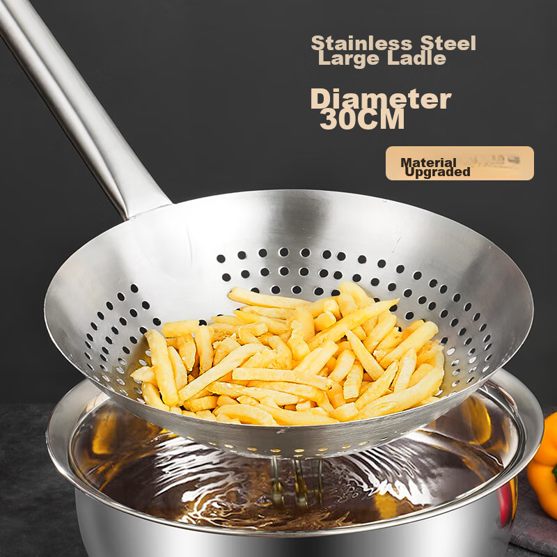 BAYCO Stainless Steel Strainer, Oil Drum Skimmer, Round Hole Colander, Hotel And Canteen Large Strainer, 30cm, BC1121