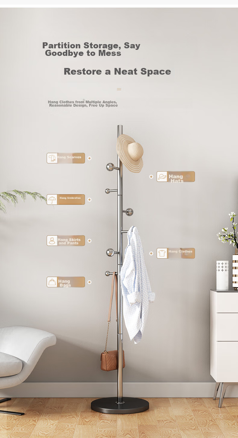 Milin Coat Rack, Floor-Standing Bedroom Clothes Hanger, Garment Stand Pole, Home Use Bag Rack, Stainless Steel Base with Branch Desig 4