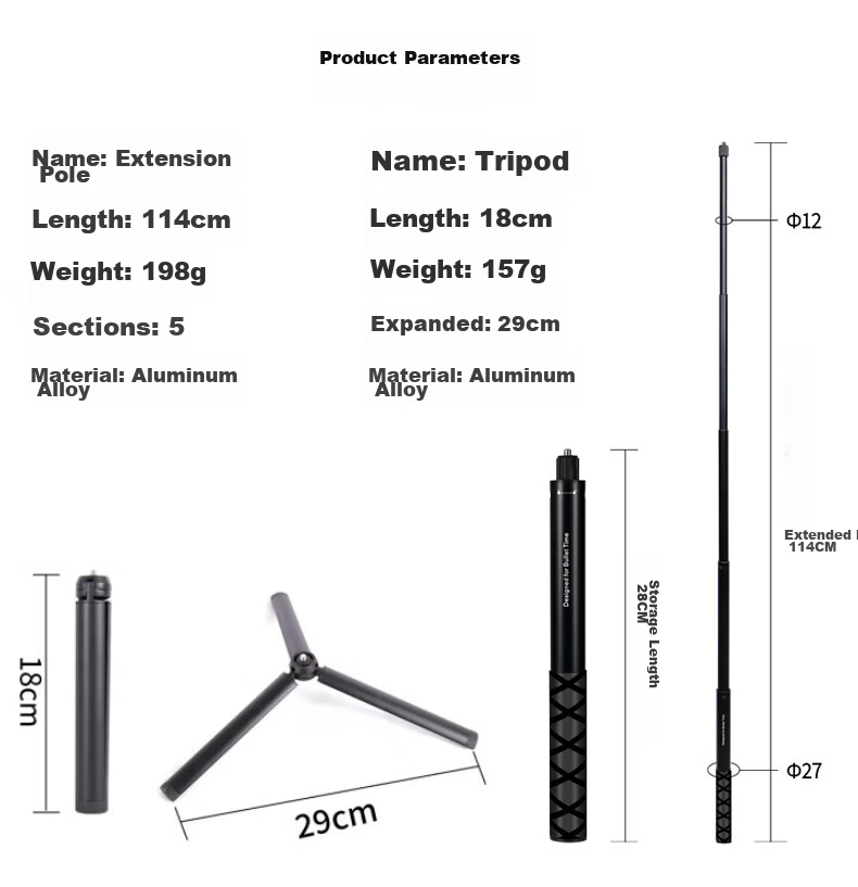 Qiye Selfie Stick Tripod Extension Rod Suitable for Insta360 X5 Panoramic Camera, Motorcycle DJI Osmo 360 Extended Rod Insta X5 Fixed Base X4 2