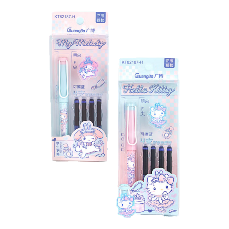 GuangBo & Sanrio Fountain Pen, Beginner's Calligraphy Practice F-Nib Hard Pen, Elementary School Student Gift, Third Grade Posture-Correcting Signature Pen, Random Pattern, KT82187-H