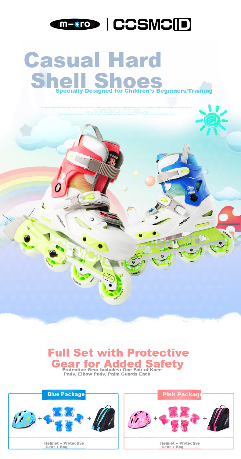 Micro Migu Co-Branded COSMOID Roller Skates for Children, Boys And Girls, Inline Skating, Roller Skating, Hard Shell JOYMAX Blue Set Size L 2