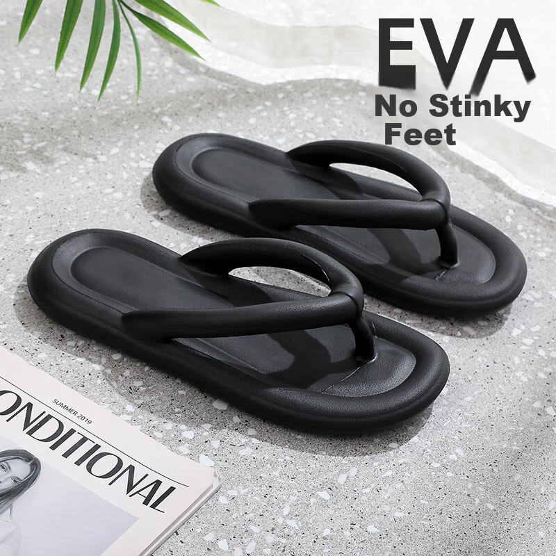 GUOLUOFEI Summer Squishy EVA Flip-Flops, Men's Beach Flat Sandals, Non-Slip Bathroom Slippers for Women, Black, Size 36-37