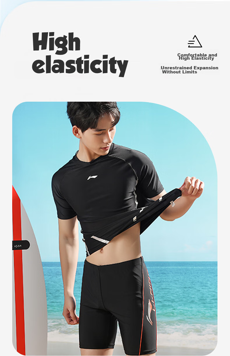 Li-Ning Swimming Trunks Men's Swimwear Set, Anti-Embarrassment Hot Spring Surfing Diving Suit Training Swimwear 022+171 Black L 11