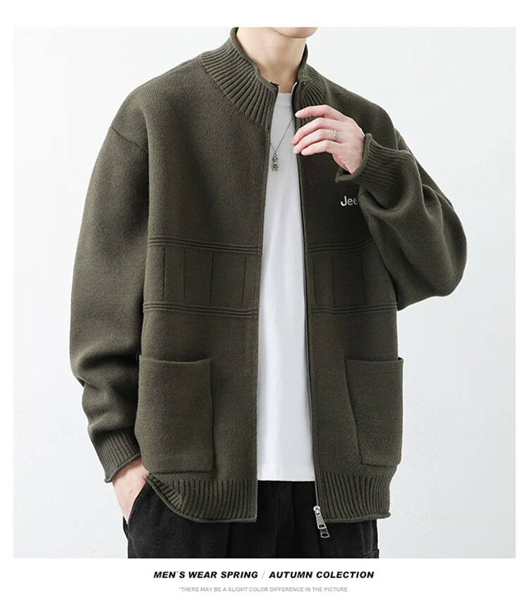 JEEP Men's Winter Thickened Cardigan Sweater Loose Fit Premium Knitwear Gray Green 2XL 3
