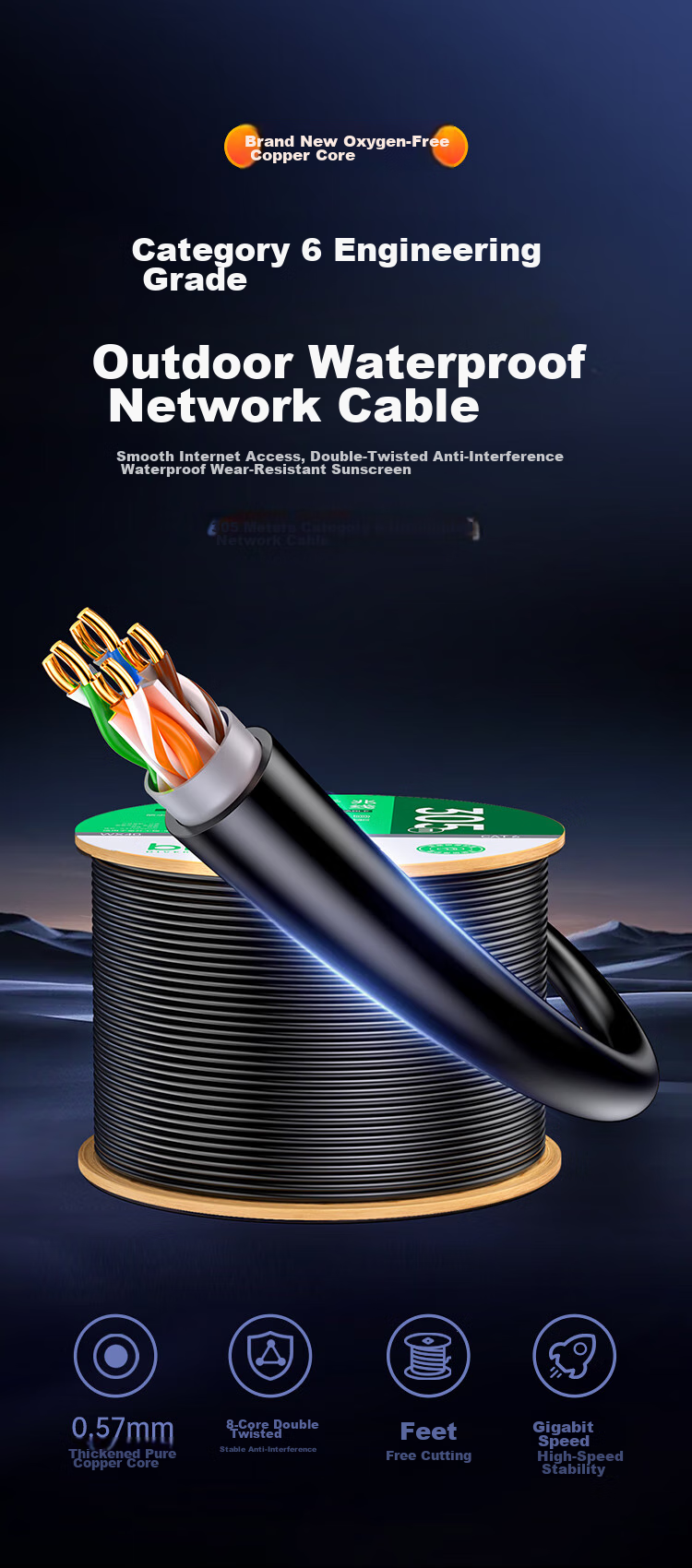 BIAZE Category 6 Gigabit Outdoor Ethernet Cable, Engineering Grade 0.57mm Unshielded Pure Copper Twisted Pair Outdoor Waterproof Sun-Resistant Frost-Proof Snowproof Wear-Resistant Anti-UV Cold-Resistant 305 Meters 4