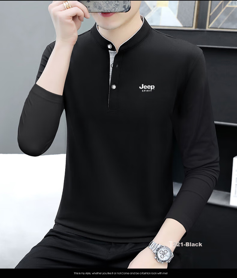 JEEP SPIRIT Men's Long-Sleeve T-Shirt, Spring And Autumn Business Casual Outdoor Polo Shirt, Solid Color Undershirt, Black, XL 12