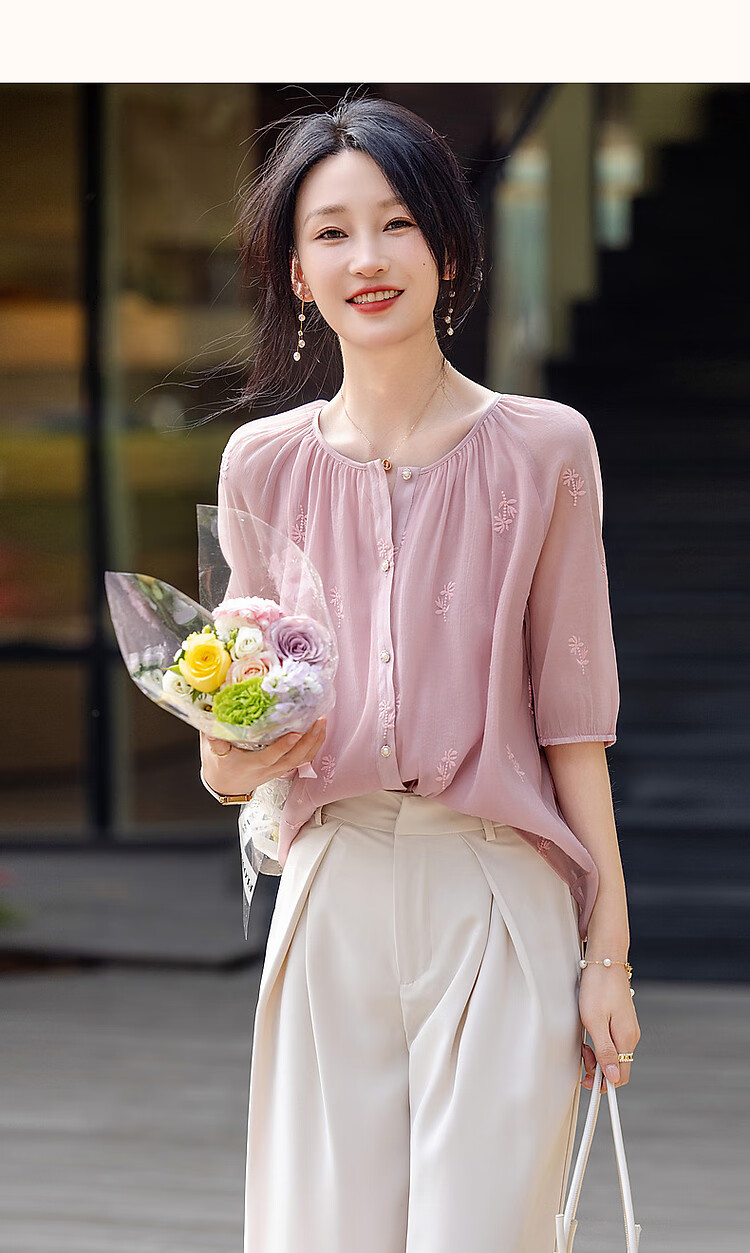 Dme Ice Cream Buttercream Shirt, Summer French Embroidered Blouse, Round Neck Comfortable Concealing Versatile Shirt for Women Top 11