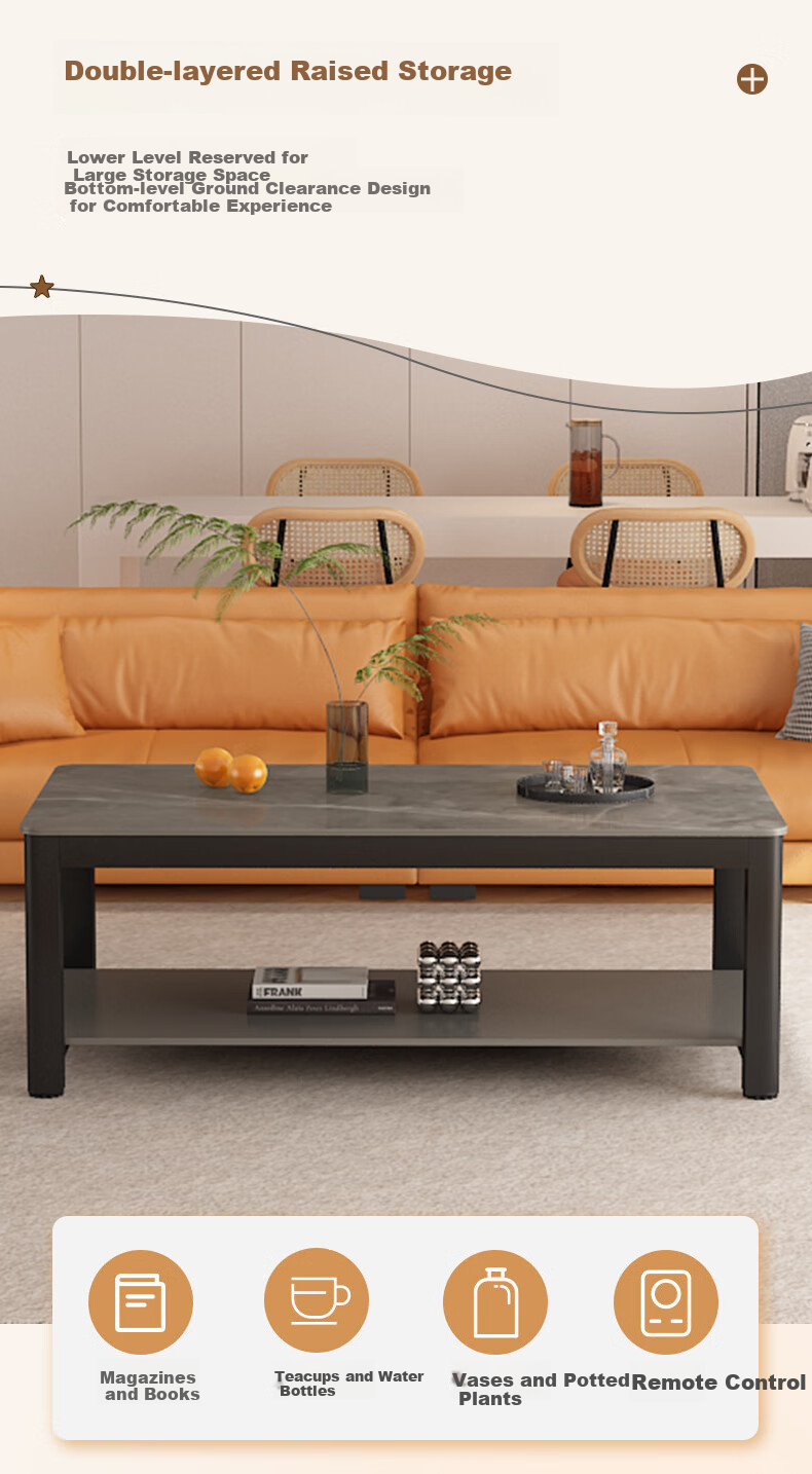 Yameile Coffee Table for Living Room, Simple And Modern, Rock Slab Marble Pattern, Double-Layer Storage, Office Tea Table 6
