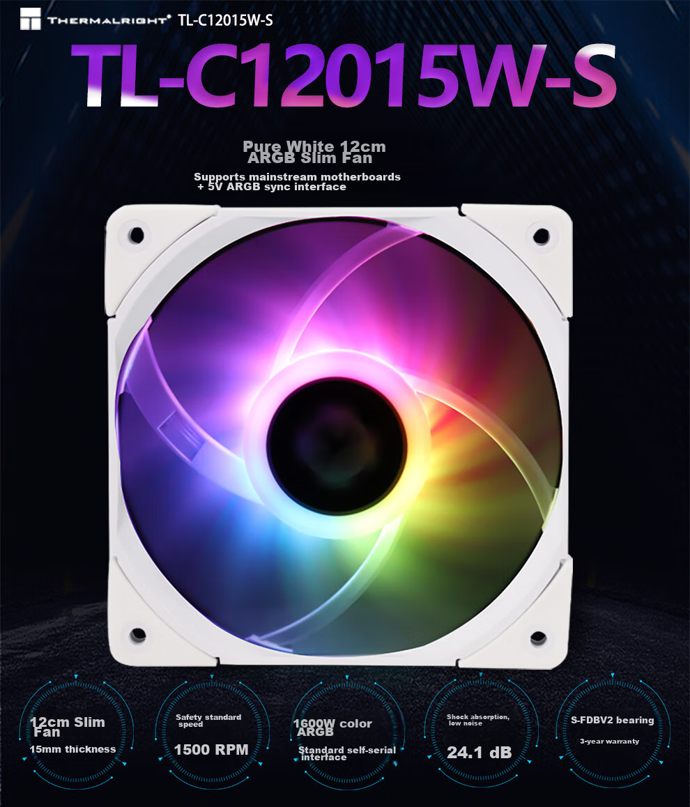 Thermalright TL-C12015W Pure White 12cm ARGB Thin Fan, 15mm Thickness, 4PIN PWM, 1500 RPM, S-FDB V2 Bearing 1
