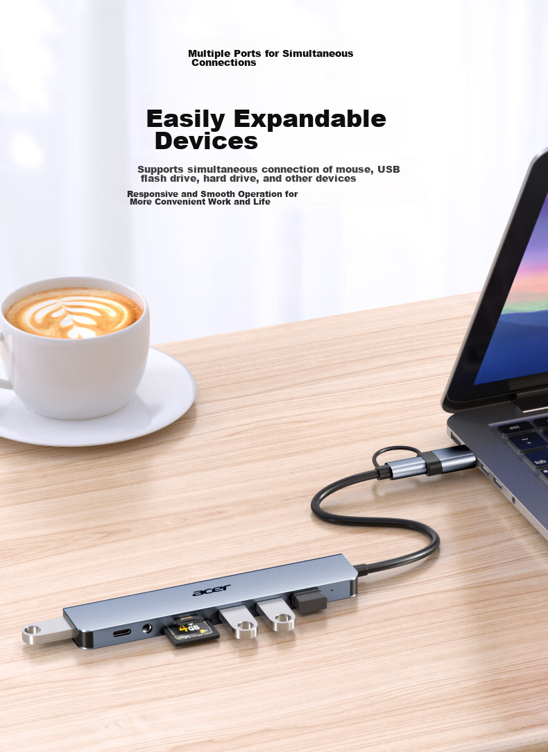 Acer Type-C Expansion Dock, USB3.0 Hub, SD/TF Card Reader Adapter, Compatible with Huawei, Android, MacBook Computers, Converter, Eight-I 8