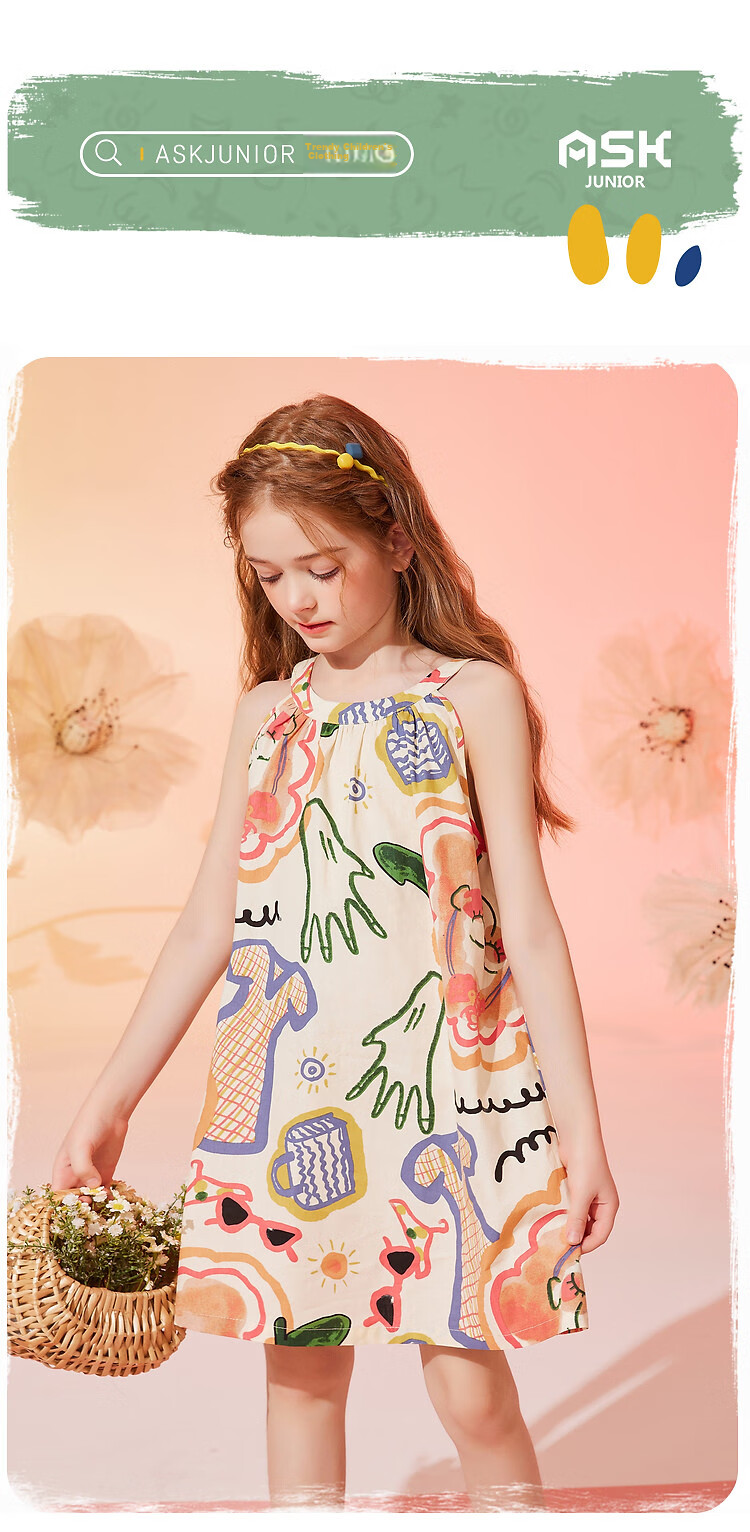 ASK JUNIOR Girls' Summer Dress, Children's Graffiti Spaghetti Strap Princess Dress, Beach Vacation Style 1