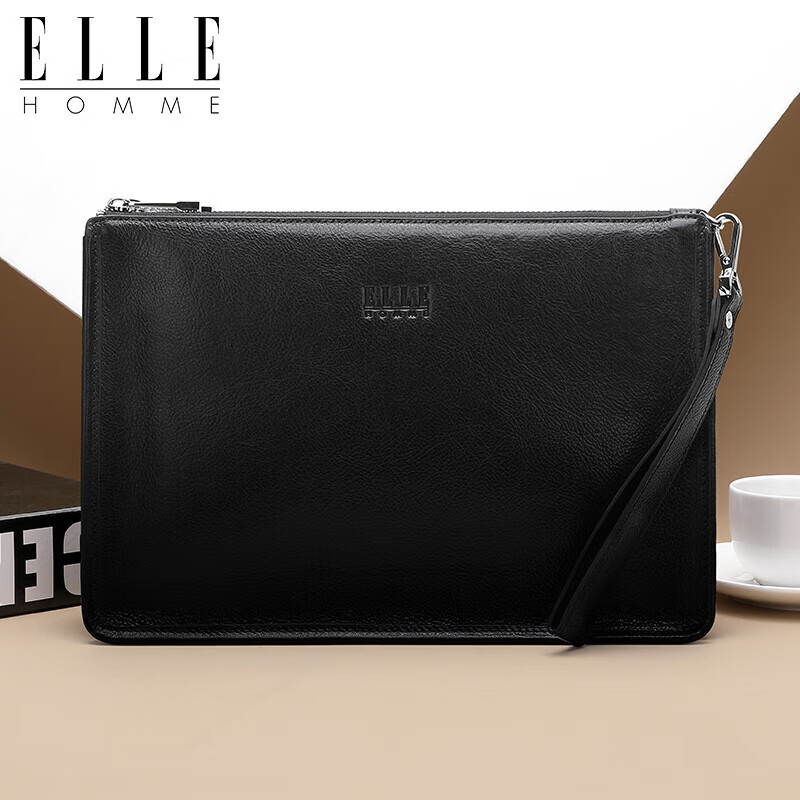 ELLE HOMME Men's Clutch Bag, High-Quality Top-Layer Leather Zipper Wallet, Large Capacity Handbag, Fashionable Men's Bag, 01850 Black, Birthday Gift for Boyfriend